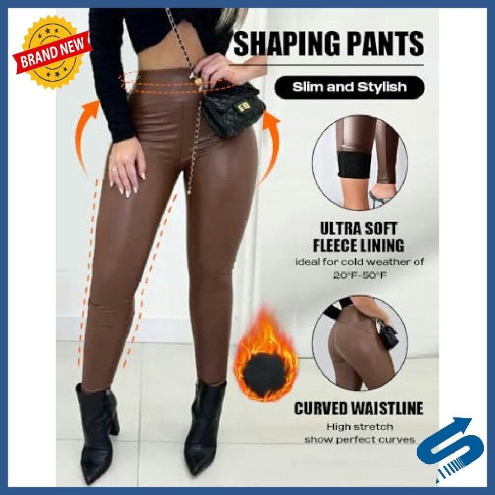 Faux Leather Leggings High Waist Fleece Lined Stretch Pants Slim Fit - Picture 5 of 8